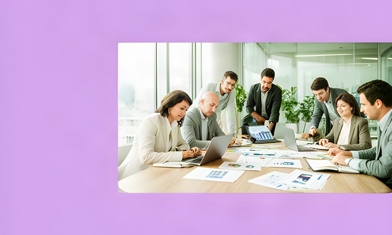 Equipo directivo reunido alrededor de una mesa revisando gráficos de planificación estratégica en una sala luminosa
