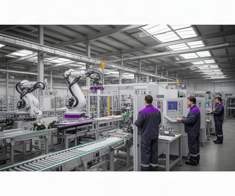 Línea de producción automatizada en una fábrica moderna con operarios revisando paneles de control