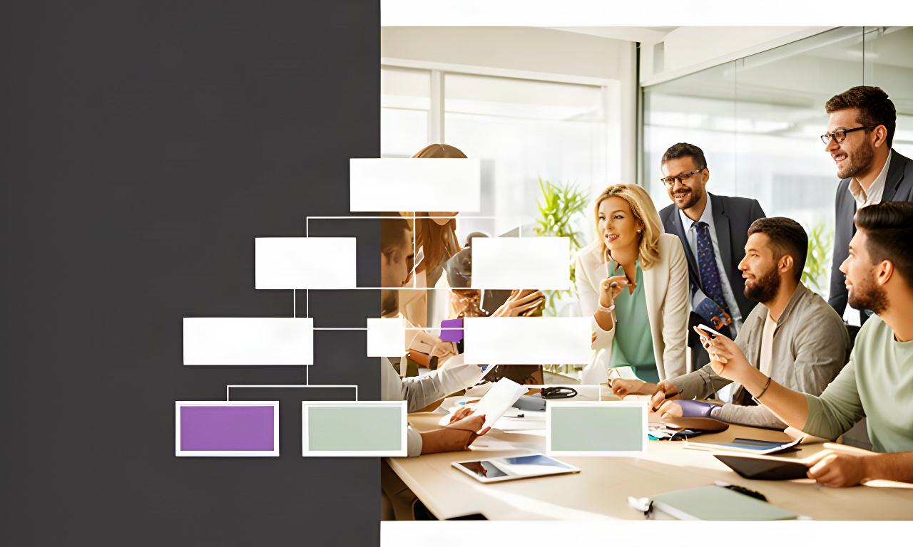 Equipo diverso reunido en una oficina luminosa revisando un organigrama y objetivos de crecimiento