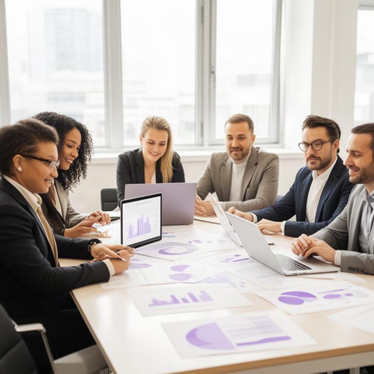Equipo consultor reunido en un despacho luminoso revisando gráficos de negocio sobre una mesa