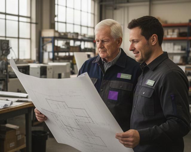 Fundador y su hijo revisando planos en las instalaciones de una empresa familiar