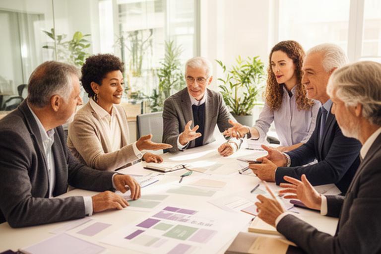 Equipo de consultores reunido en una oficina luminosa de Montornés del Vallés revisando un plan de empresa